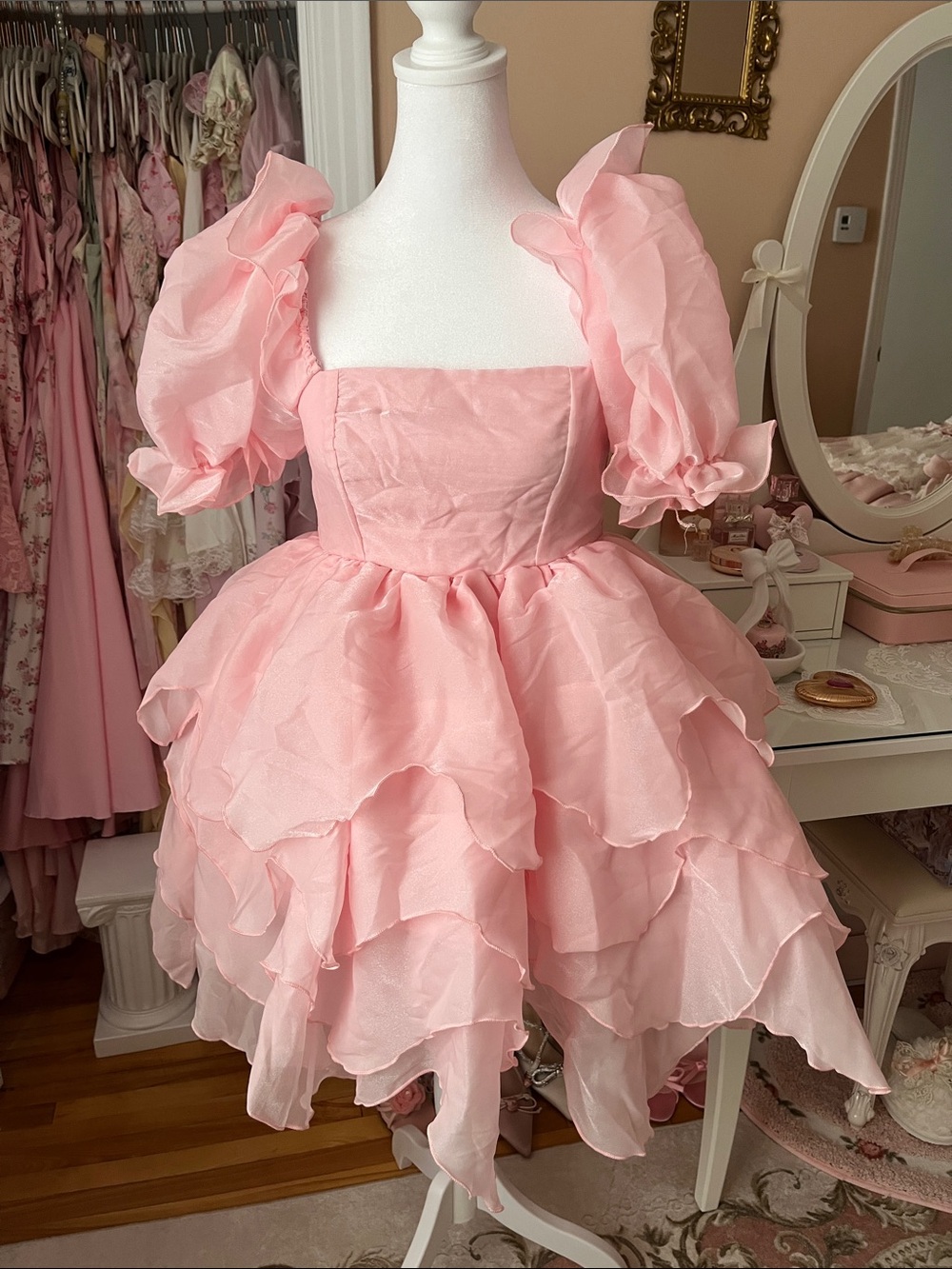 SHEIN Pink Puff-Sleeve Layered Mini Dress